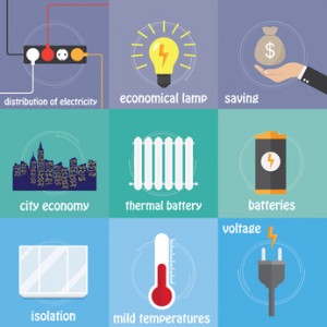 Color icons electricity, saving, temperature and city