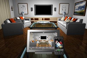 Home Domotica_001. Tablet e Smartphone con applicazioni di gestione domotica appoggiate su tavolo in salotto all'interno di una casa.